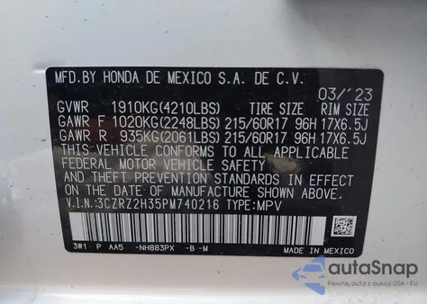 2023 Honda Hr-V Awd Lx z USA, uszkodzony, nr VIN 3CZRZ2H35PM740216